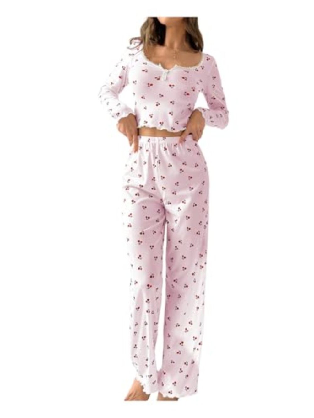 Women's 2 Piece Pajama Set Long Sleeve Cherry Print Sleepwear Pants